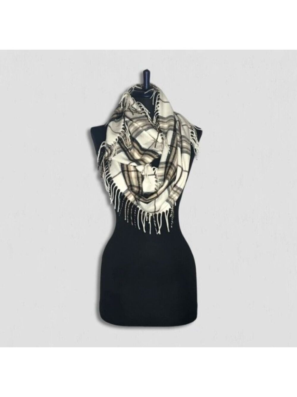 Van Heuse Fringe Scarf Infinity Style Plaid Pattern Cream/Beige One Size